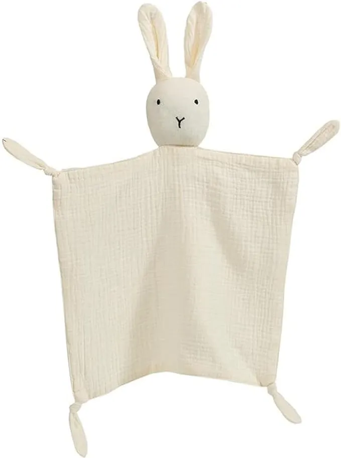 Organic Cotton Muslin Lovey Blanket, Organic Cotton Muslin Bunny Security Blanket Soft & Breathable Lovie Baby Gifts for Boys and Girls