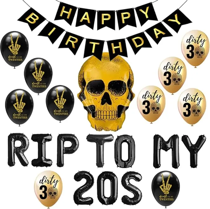 RIP To My 20s 30th Birthday Party Supplies, RIP TWENTIES Balloons Happy Birthday Banner for Death to My 20s Twenties RIP Youth Men Women Dirty 30 Funny 30th Bday Decorations Set of 24 PCS