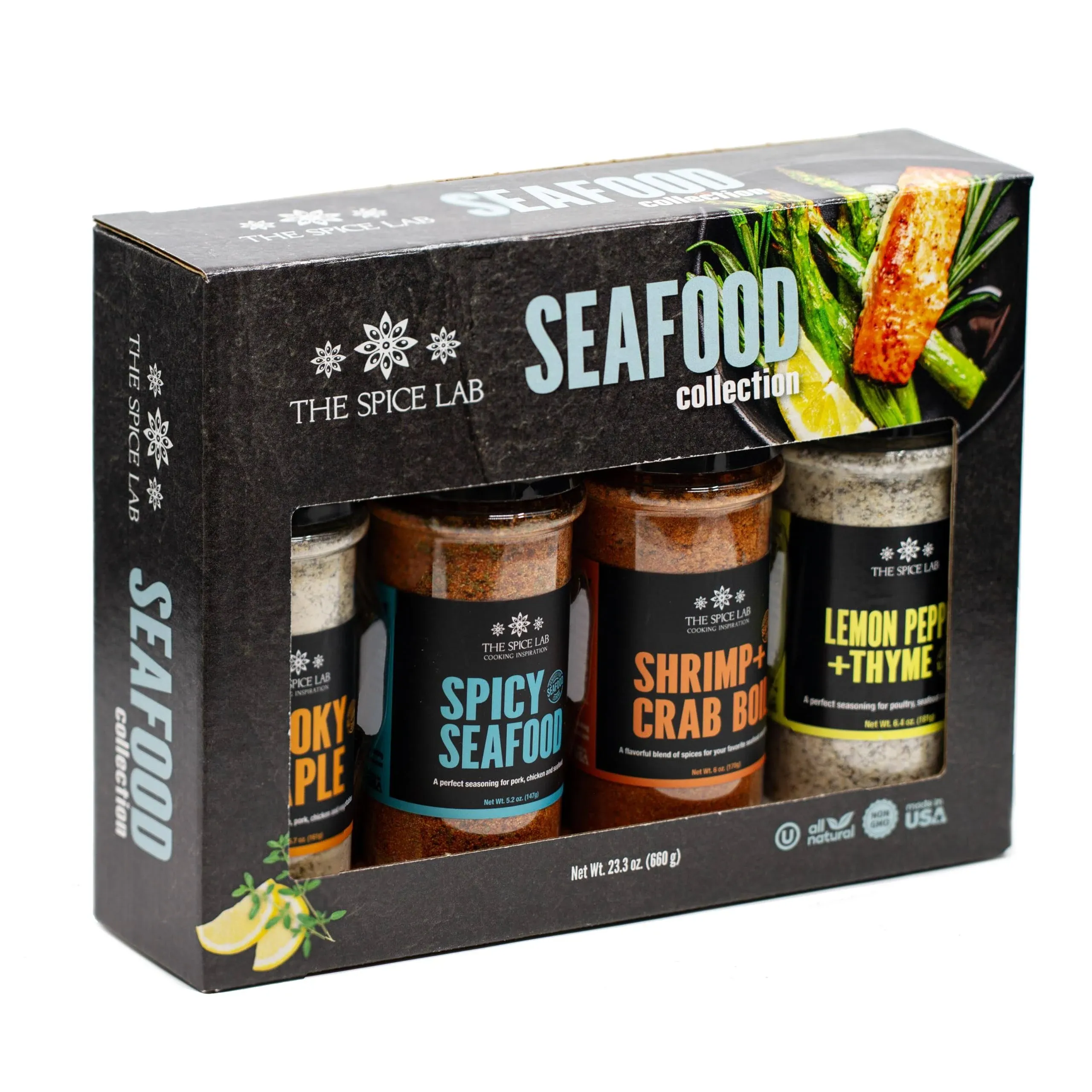 The Spice Lab Seafood Seasoning Set - Smoky Maple, Shrimp Boil, Spicy Seafood and Lemon Pepper - Gift Kit - All Around Cooking & Air Fryers - Gift for