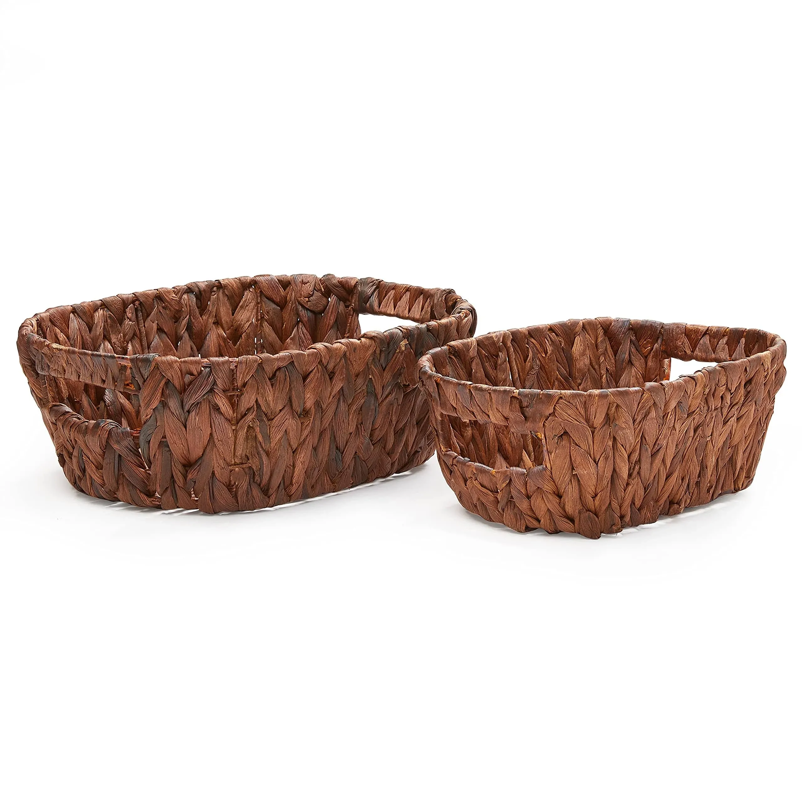 Americanflat Water Hyacinth Storage Baskets with Handle - Handwoven and Decorative for Organizing at Home - Set of 2 - 1 Large and 1 Small Oval Wicker Basket (Walnut Color)