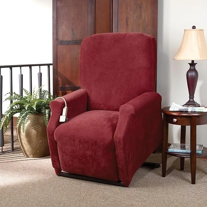 Sure Fit Home Décor Stretch Pique Box Cushion Large Size Lift Recliner Chair One Piece Slipcover, Stretch Form Fit, Polyester/Spandex, Machine Washable, Chocolate Color