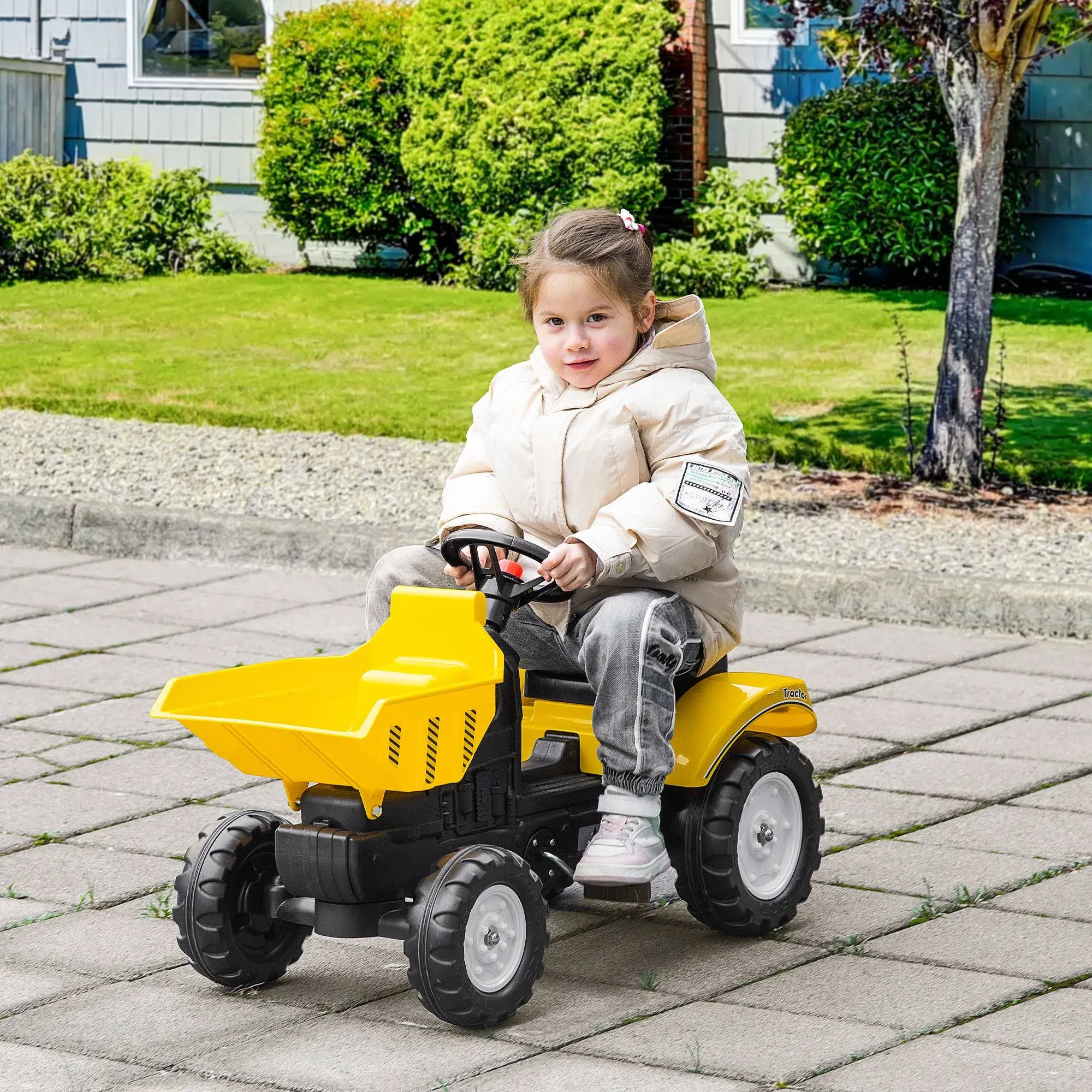 Aosom Kids No Power Ride-On Excavator with Manual Control Bucket, Pretend Play Toddler Tractor with Forward Backward Function, Yellow