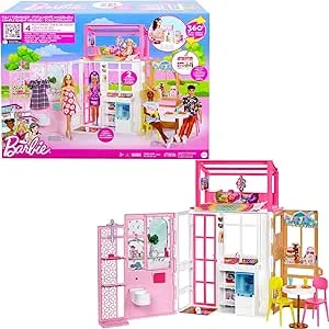 Barbie Doll House with Furniture, Accessories & Pet Puppy - 4 Play Areas: Kitchen, Loft Bed, Bathroom, Dining Room