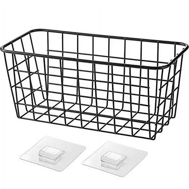 LeleCAT Hanging Kitchen Baskets For Storage Adhesive Sturdy Small Wire Storage Baskets with Kitchen Food Pantry Bathroom Shelf Storage No Drilling Wall Mounted,2 PACK,Black