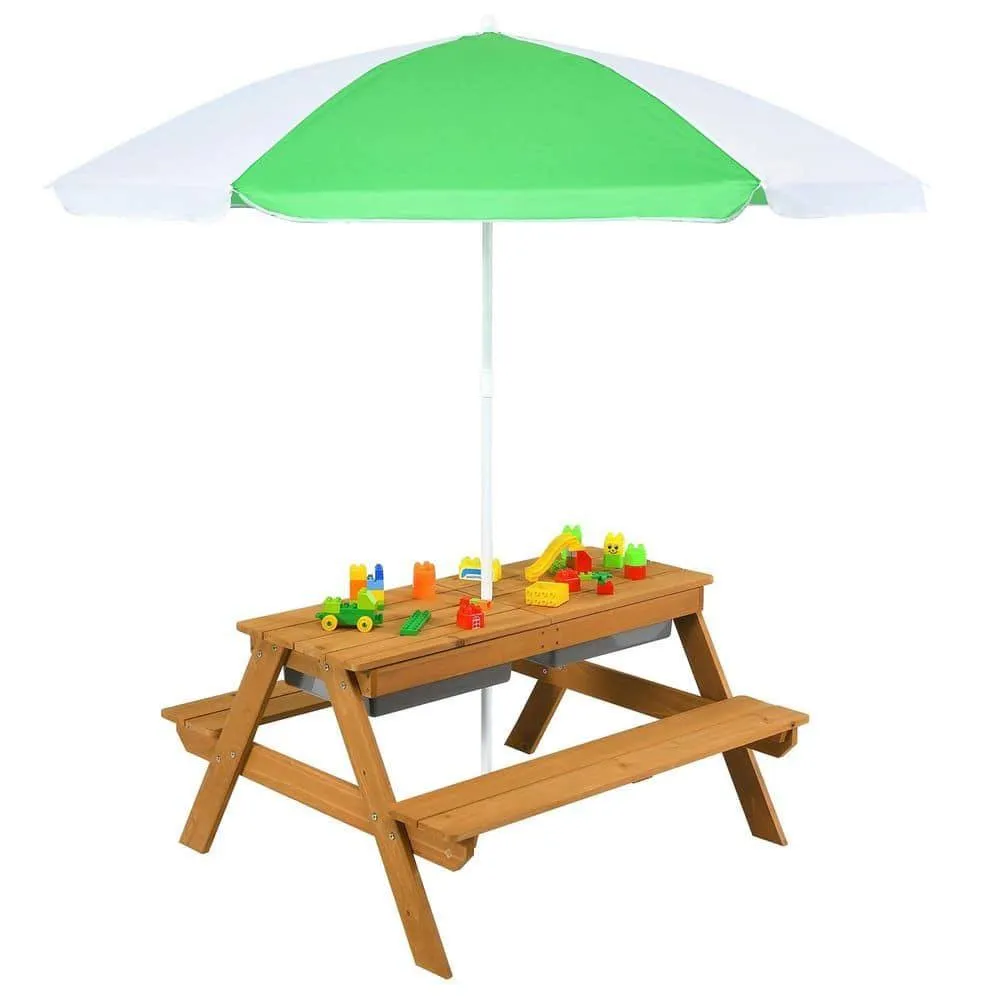 Costway 3-in-1 Kids Picnic Table Wooden Outdoor Sand & Water Table with Umbrella Play Boxes Natural