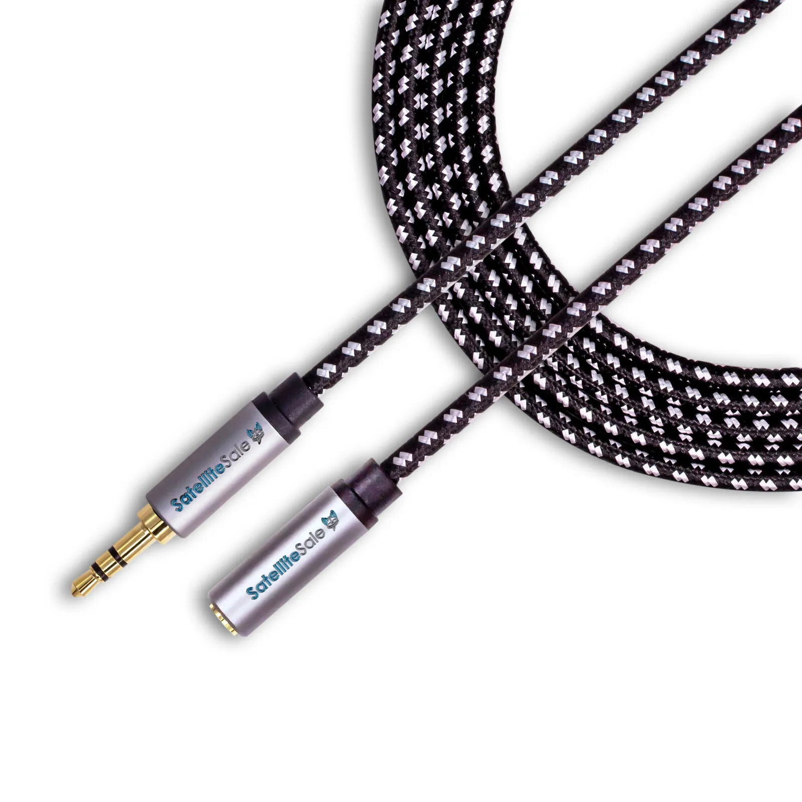 SatelliteSale Auxiliary 3.5mm Audio Jack Male to Female Digital Stereo Aux Extension Cable Universal Wire Black/White Nylon Cord 15 feet