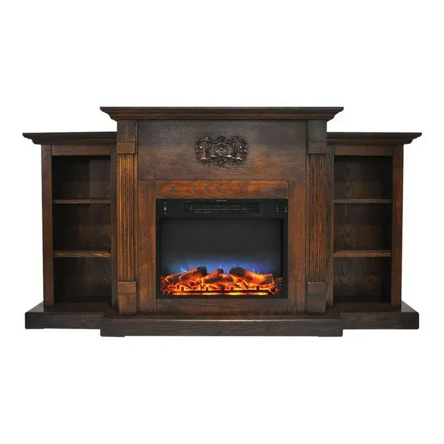 Cambridge Electric Fireplace 72&#034; Built-In Bookshelves Indoor Walnut W/ Remote