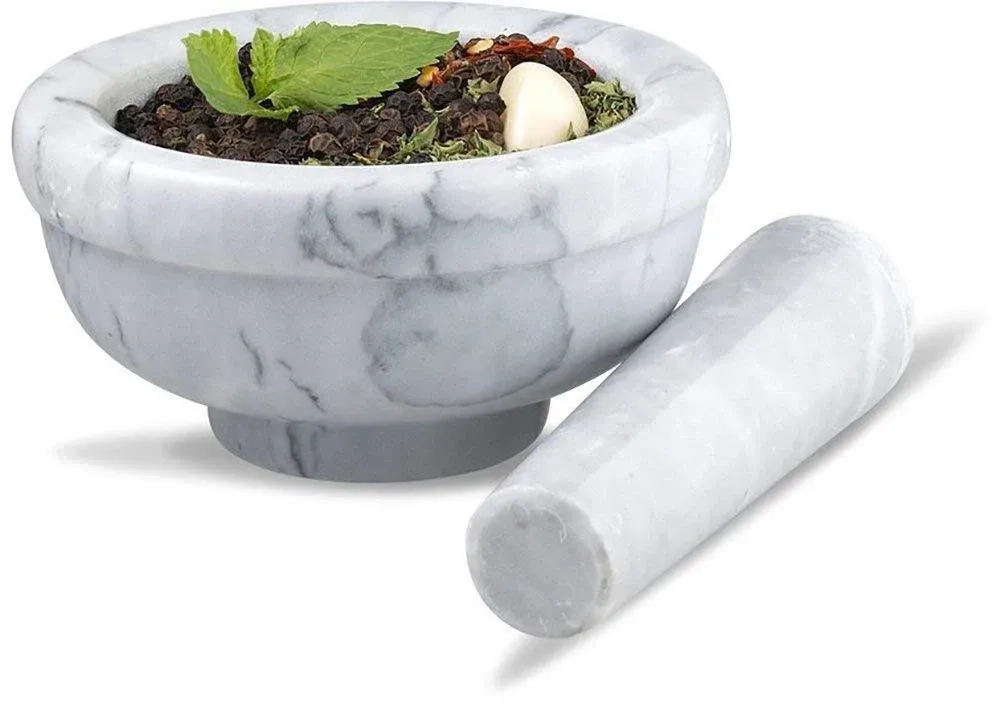 Granite Mortar and Pestle with White Marble Finish Set Use in Grey 4.5&#034; Diameter