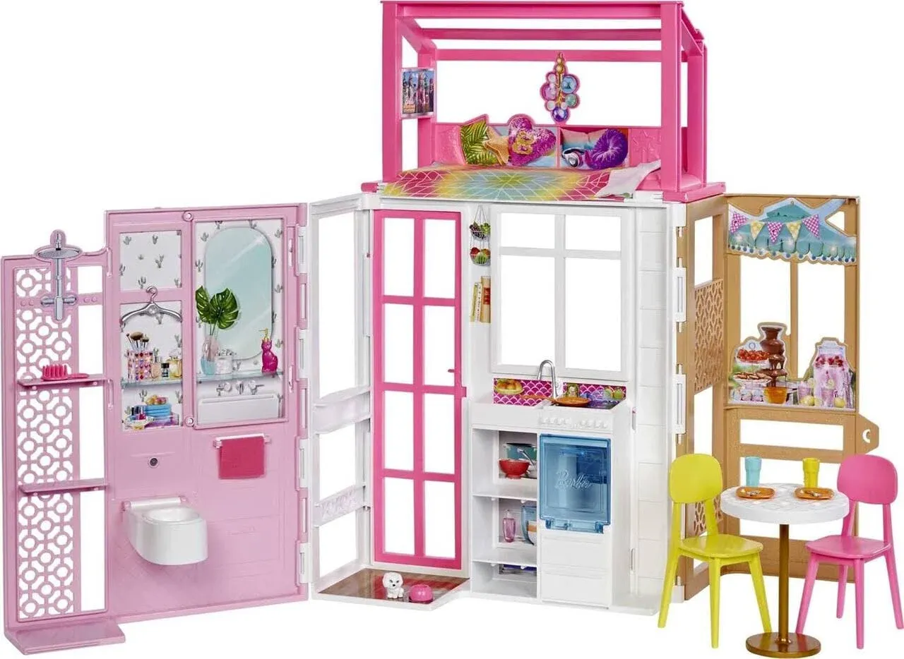 Barbie Doll House with Furniture, Accessories & Pet Puppy - 4 Play Areas: Kitchen, Loft Bed, Bathroom, Dining Room