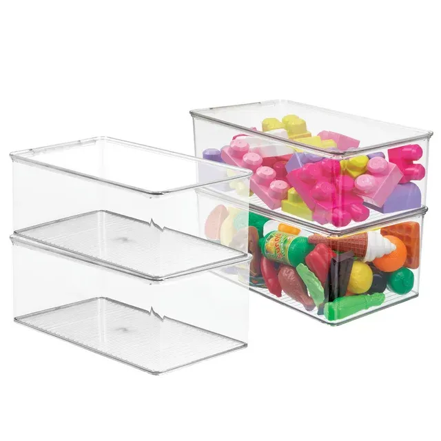 mDesign Plastic Stackable Toy Storage Bin Container Box with Hinge Lid for Organizing Living Room, Play Room, Bedroom, Nursery, Hold Blocks, Puzzles, Books, Lumiere Collection, 4 Pack - Clear