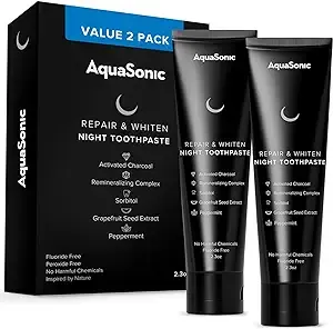 AquaSonic 2-Pack of Repair & Whiten Night Toothpaste | Strengthen & Harden Tooth Enamel | Activated Charcoal Detoxifies Mouth & Freshens Breath | Fluoride-Free, Peroxide-Free, Whitening Formula