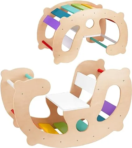 2 in 1 Rainbow Climbing Toys - Pikler Montessori Climbing Set, Wooden Rocking Horse Toy, Children Indoor Outdoor Play Gym Learning Playset, Playground for Kids Present