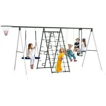 Outsunny Metal Swing Set for Backyard 5 in 1 Design with Nest Swing, Basketball Hoop, Seat, Gym Rings, Climbing Net and Ladder for Ages 3-8, Yellow