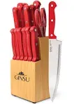 Ginsu Kiso 14-Piece Red Knife Set with Natural Block - Dishwasher Safe and Always Sharp