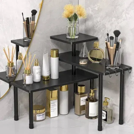 JayRex Bathroom Organizer Countertop Bathroom Shelf, 3 Tier Corner Shelf Moveable Bamboo Organizer for Make Up, Dresser Table, Desktop Shelf (Black)