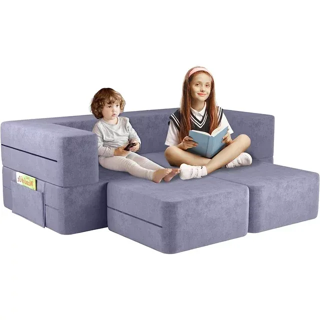 Kids Couch, Linor Toddler Couch Sofa for Kids, Modular Kids Sofa Couch Kids Play Couch with Washable Covers, Play Couch Foldable Loveseat with Two Ottoman, Kids Fold Out Couch Lounger (Blueberry)