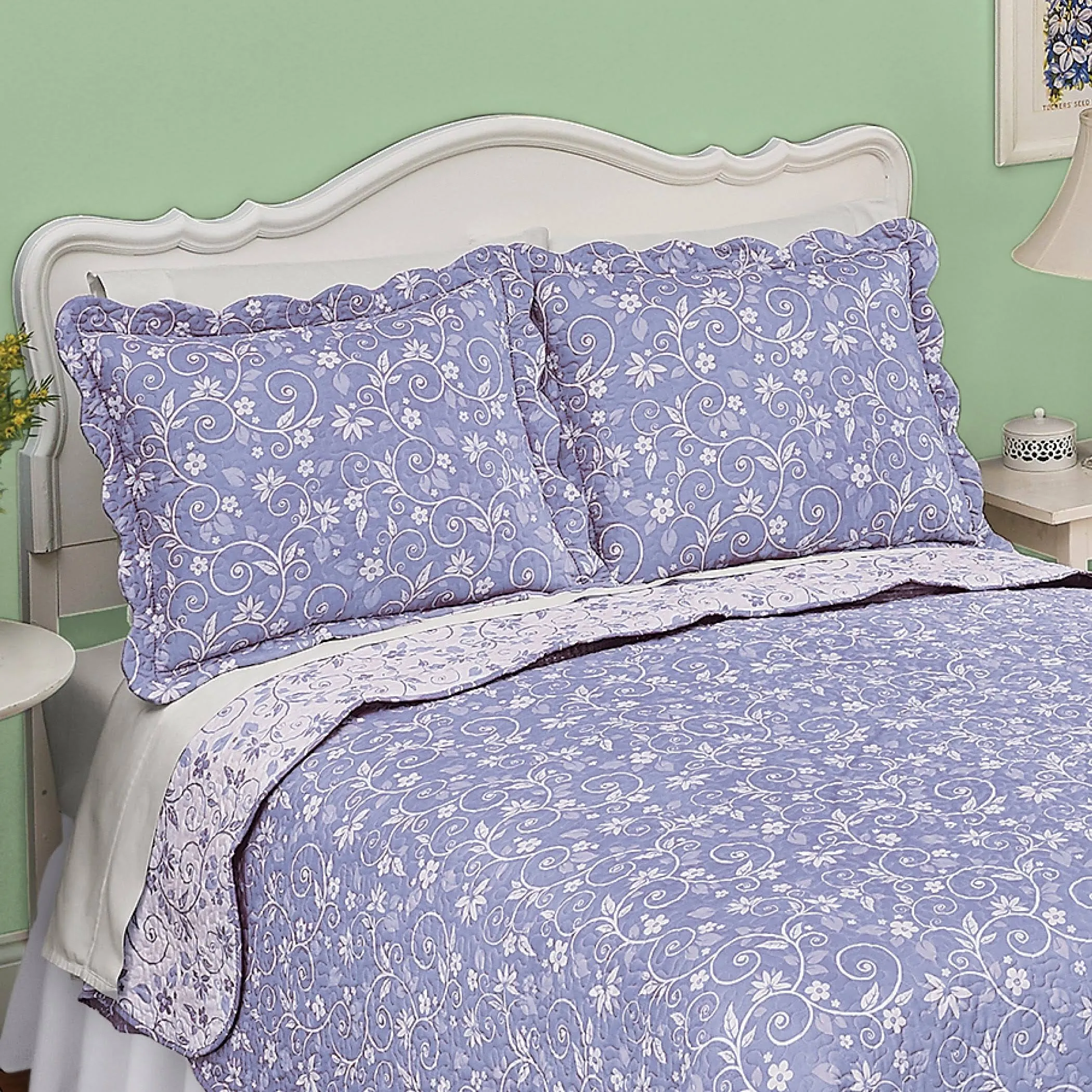 Collections Etc Floral Scroll Two-Tone with Scalloped Edges Reversible Pillow Sham, Lavender, Sham