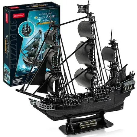 CubicFun 3D Puzzles Pirate Ship and Sailboat Vessel Black Pearl Highly Difficult Model Ship Kit Queen Anne's Revenge (Large with LED Lights) Building 3-d Puzzles Gifts for Adults and Kids, 340 Pieces