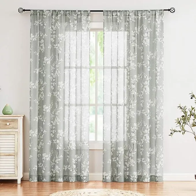 FMFUNCTEX Linen Sheer Curtains for Bedroom, Sage Green Blossom Print Curtains 96 Inches Long for Living Room,Floral Patterned Farmhouse Curtains Light Filtering Window Drapes 2 Panels, Rod Pocket