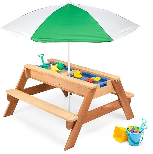 Best Choice Products BCP 3-in-1 Kids Convertible Wood Sand & Water Picnic Table with Umbrella