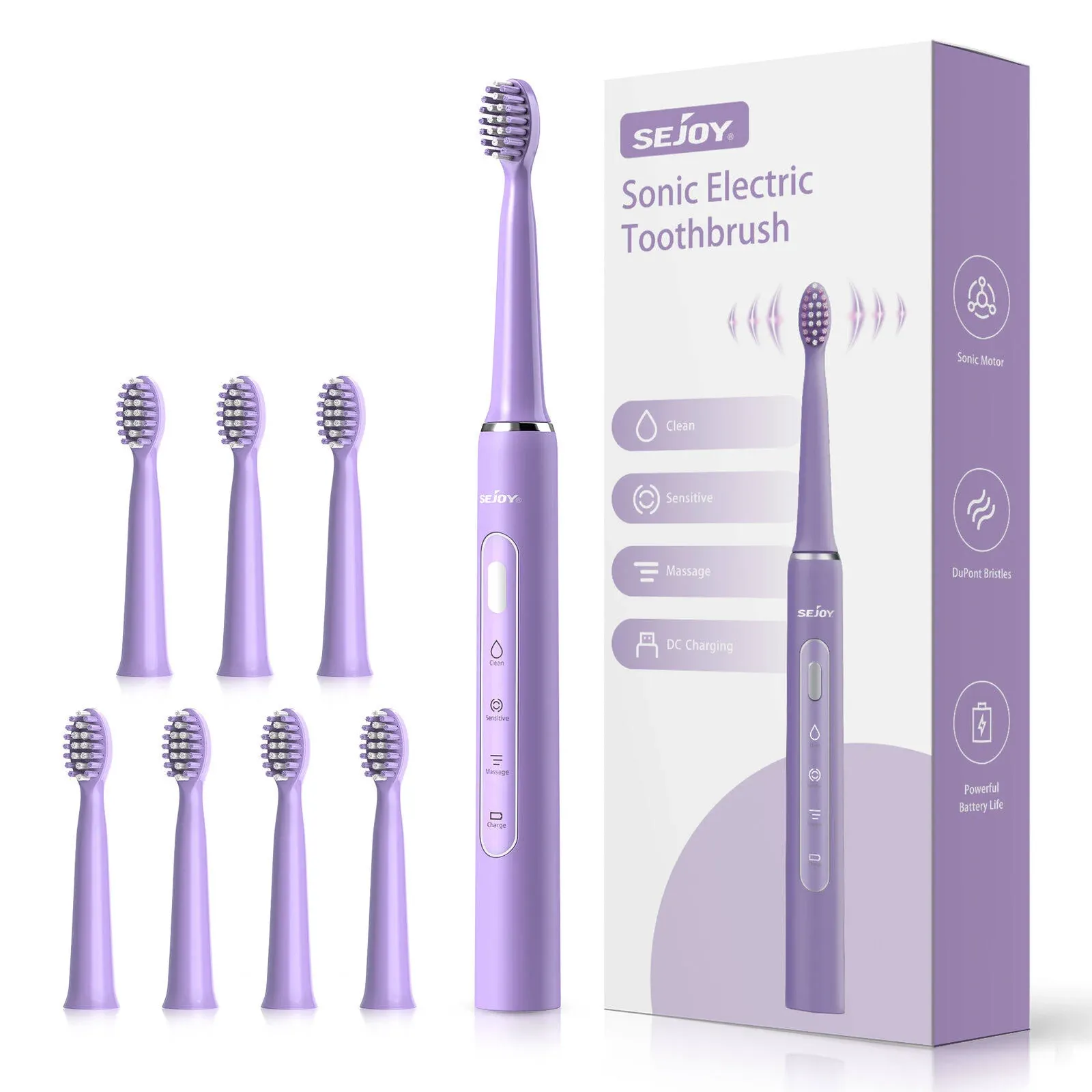 SEJOY Sonic Electric Toothbrush 7Dupont Brush Heads Smart Timer USB Rechargeable