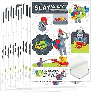 Calling All Knights and Dragons - Medieval Party or Birthday Party Favor Sticker Set - 12 Sheets - 120 Stickers