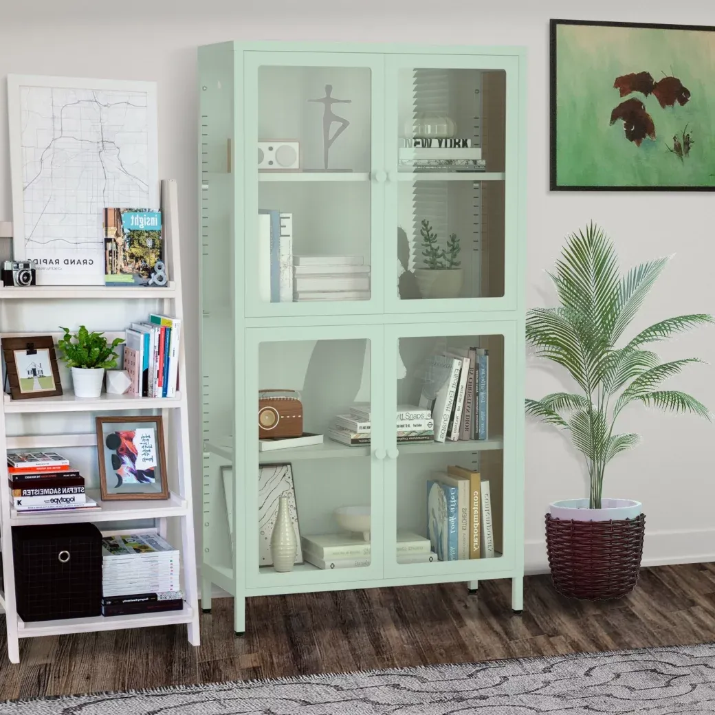 4 Doors Glass Display Cabinet with 4 Adjustable Shelves, 59" Freestanding Storage Cabinet Bookcase with Steel Frame, Display Case, Glass Sideboard Furniture for Living Room Kitchen, Mint Green