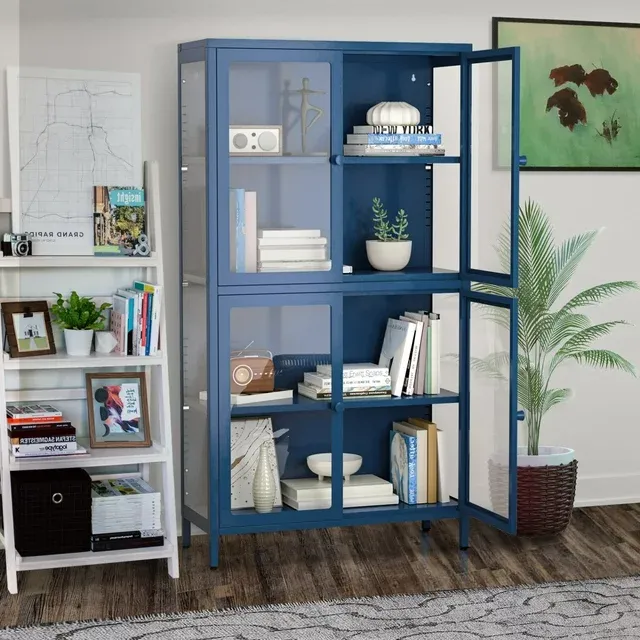 4 Doors Glass Display Cabinet with 4 Adjustable Shelves, 59" Freestanding Storage Cabinet Bookcase with Steel Frame, Display Case, Glass Sideboard Furniture for Living Room Kitchen, Blue