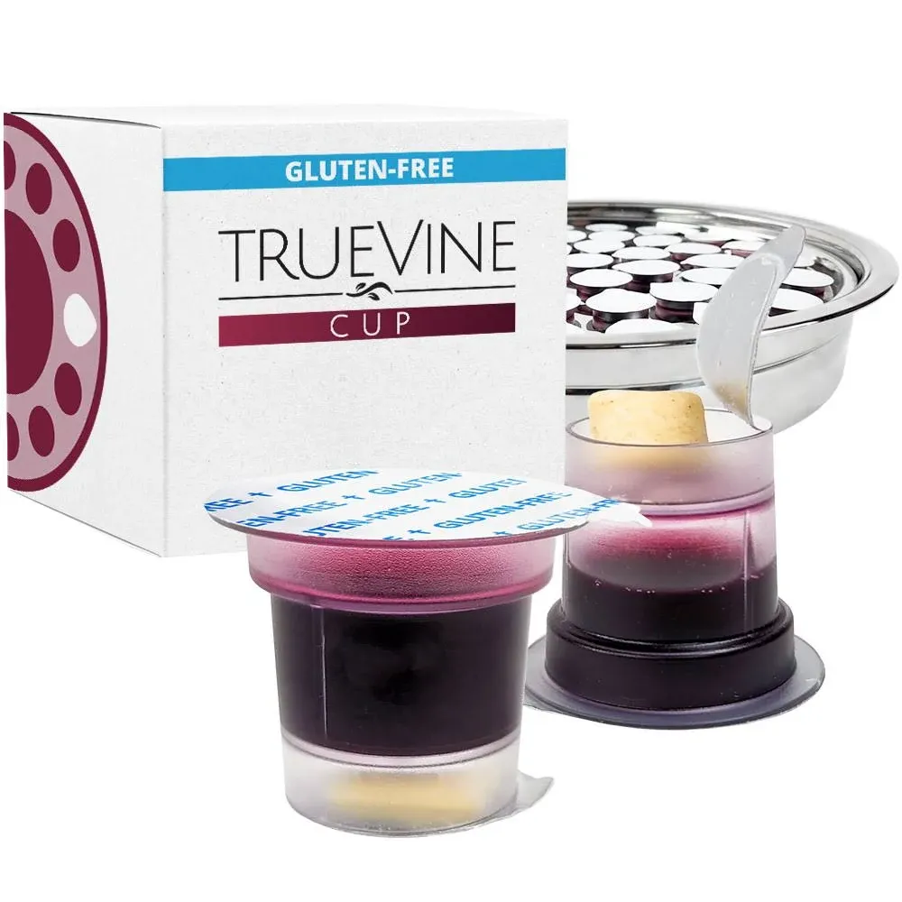 TrueVine Top & Bottom Communion Cups and Wafer Set - Prefilled Cups with Gluten Free Bread & Grape Juice - Carefully Packaged & Easy to Open, Ideal First Communion (100 Count)