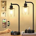 Industrial Bedside Lamps for Nightstand Set of 2 - Fully Dimmable Bedroom Lamps with USB A C Ports and Outlet, Black Table Lamps with Amber Glass Shade for Living Room, Desk Lamps for Office Reading