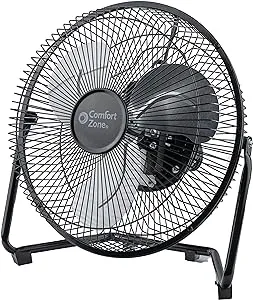 Comfort Zone Cradle Floor Fan, 9 inch, 3 Speed, Electric, 180 Degree Adjustable Tilt, All Metal, Carry Handle, Rubber Feet, Table Fan, Airflow 12.57 ft/sec, Ideal for Home, Bedroom & Office, CZHV9B