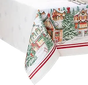 Elrene Home Fashions Storybook Christmas Village Bordered Holiday Wrinkle Resistant Tablecloth, 70"x70" Round, Multi