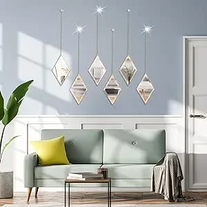 PHOSPHOR Decor Wall Mirrors, Set of 3 PCS Home Decor Silver Mirror with Hanging Chain, Classic and Elegant Large Wall Mirrors for Living Room Wall Decor