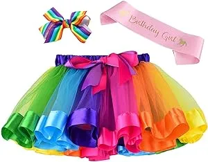 Layered Rainbow Tutu Skirt Costumes Set with Hair Bows Clips and Satin Sash for Girls Birthday Party Dress up