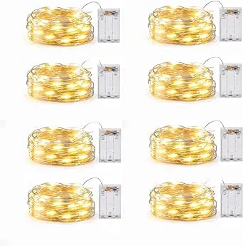 8 Pack Fairy Lights Battery Operated, 7 Feet 20 Led String Lights with Timer, Waterproof Silver Wire Firefly Lights for Home Party Wedding Christmas Decorations, 6 Hours on/18 Hours Off, Warm White