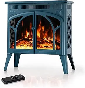 24Inch Electric Fireplace Stove , Free-Standing Infrared Fireplace Stove, Controllable 3D Flame, 4 Variable Flame&Log Colors, 1500w, 5100BTU, Black (S230B-BLACK), 23.5"L X 10.7"W X 24.3"H