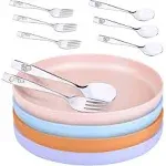 12-Pack Bamboo Plates for Kids with Stainless Steel Silverware