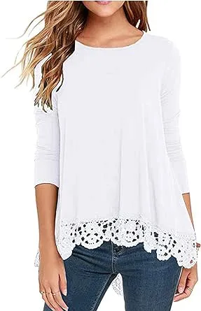 RAGEMALL Women's Tops Long Sleeve Lace Trim O-Neck A-Line Tunic Blouse Tops for Women