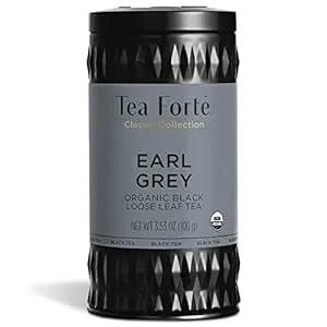 Tea Forte Earl Grey Premiun Organic Loose Leaf Caffeinated Black Tea Blend Canister, Makes 35-50 Cups