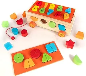 2 in 1 Shape Sorting Cube, Creative Montessori Wooden Toys for Kids Age 2-4, Shape sorter with 33 Pieces for an Interactive Activities, Learning Toys for Toddlers with Montessori Puzzle MAXITLY