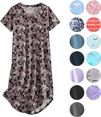 PNAEONG Women Short Sleeve Long Nightgown Soft Cotton Sleepwear Nightshirts Loungewear with Pockets