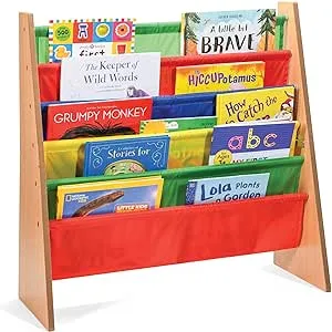 Sagler Toddler Book Shelf Organizer - Wooden Kids Book Case Storage & Magazine Rack with 5 Multicolored Nylon Fabric Shelves - Easy-to-Reach Kids Bookshelf for Nursery, Bedroom, Playroom, Classroom