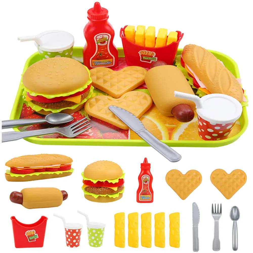 Pretend Play Fast Food Set, Play Food for Kids Kitchen - Play Kitchen Accessories - Toy Foods with Play Burger and Hot Dog Plastic Food for Pretend Play, Kids Toddler Childrens Birthday Gifts