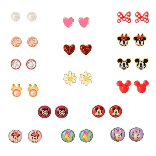 Disney Mickey, Minnie Mouse & Friends Stud Earrings Pack of 16 Pairs - Officially Licensed Earrings for Daily Wear - Red, Black, Purple