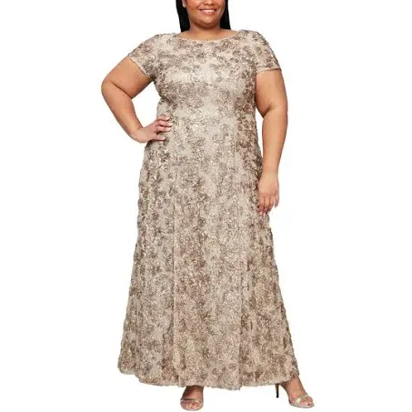 Alex Evenings Women's Long Rosette Lace Cap Sleeve Gown