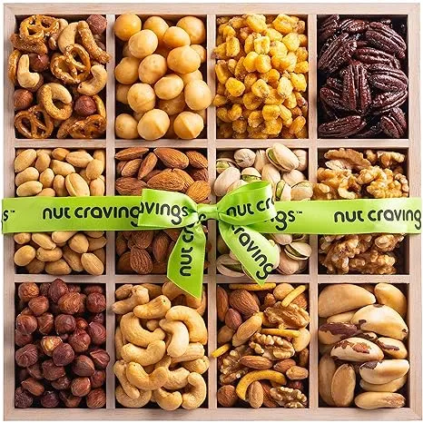 NUT CRAVINGS Gourmet Collection - Valentines Mixed Nuts Gift Basket in Reusable Wooden Tray + Green Ribbon (12 Assortments) Arrangement Platter, Healthy Kosher USA Made Corporate