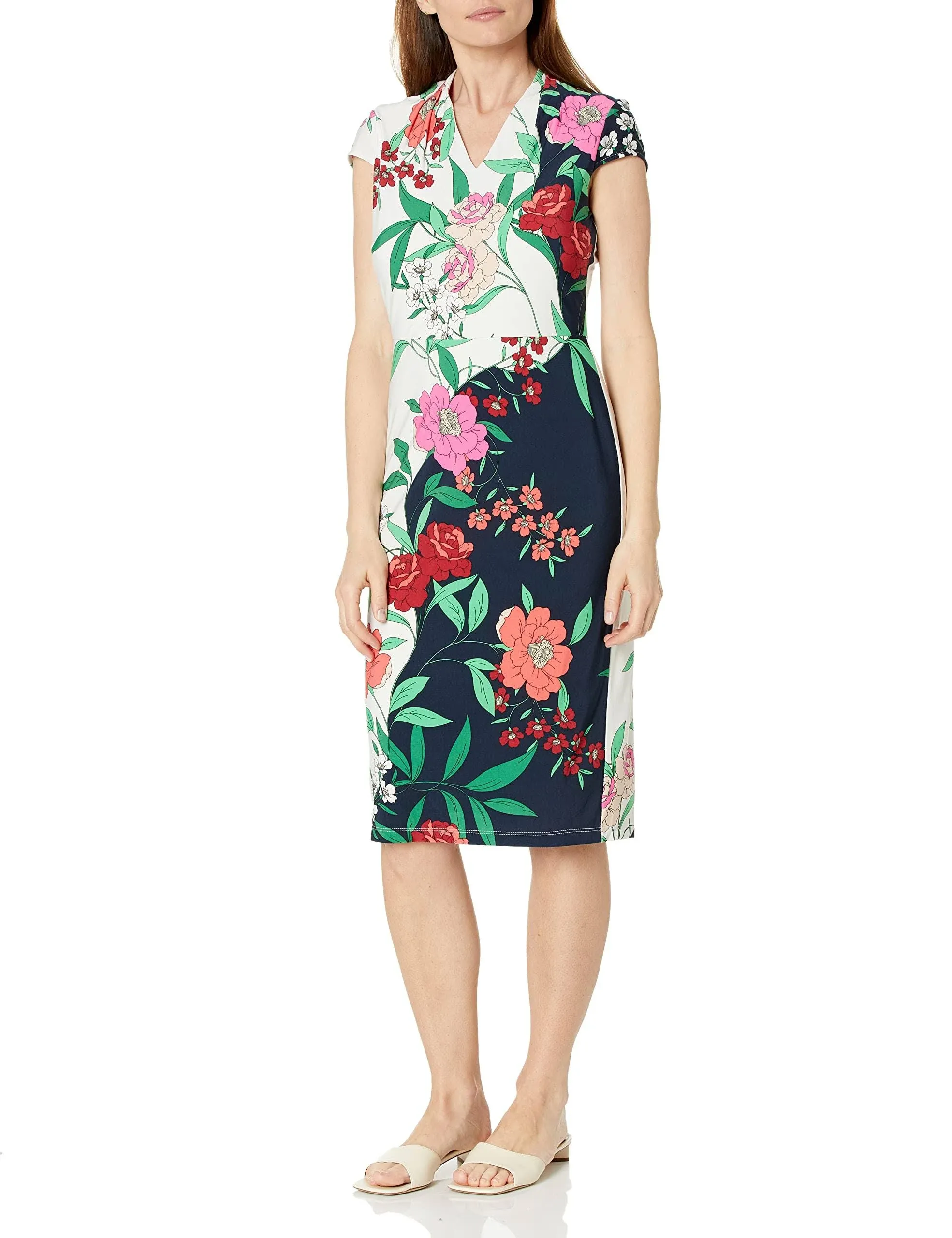 London Times Petite Size Cap Sleeve V-Neck Floral Jersey Sheath Dress, Womens, 8P, Navy/Ivory