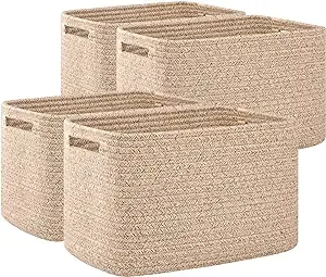 OIAHOMY 4 Pack Storage Baskets for Organizing, Cube Storage Bins for Shelves, Rectangle Storage Baskets With Handles, Woven Baskets for Storage, 12.7''Lx9''Wx7.8''H, White