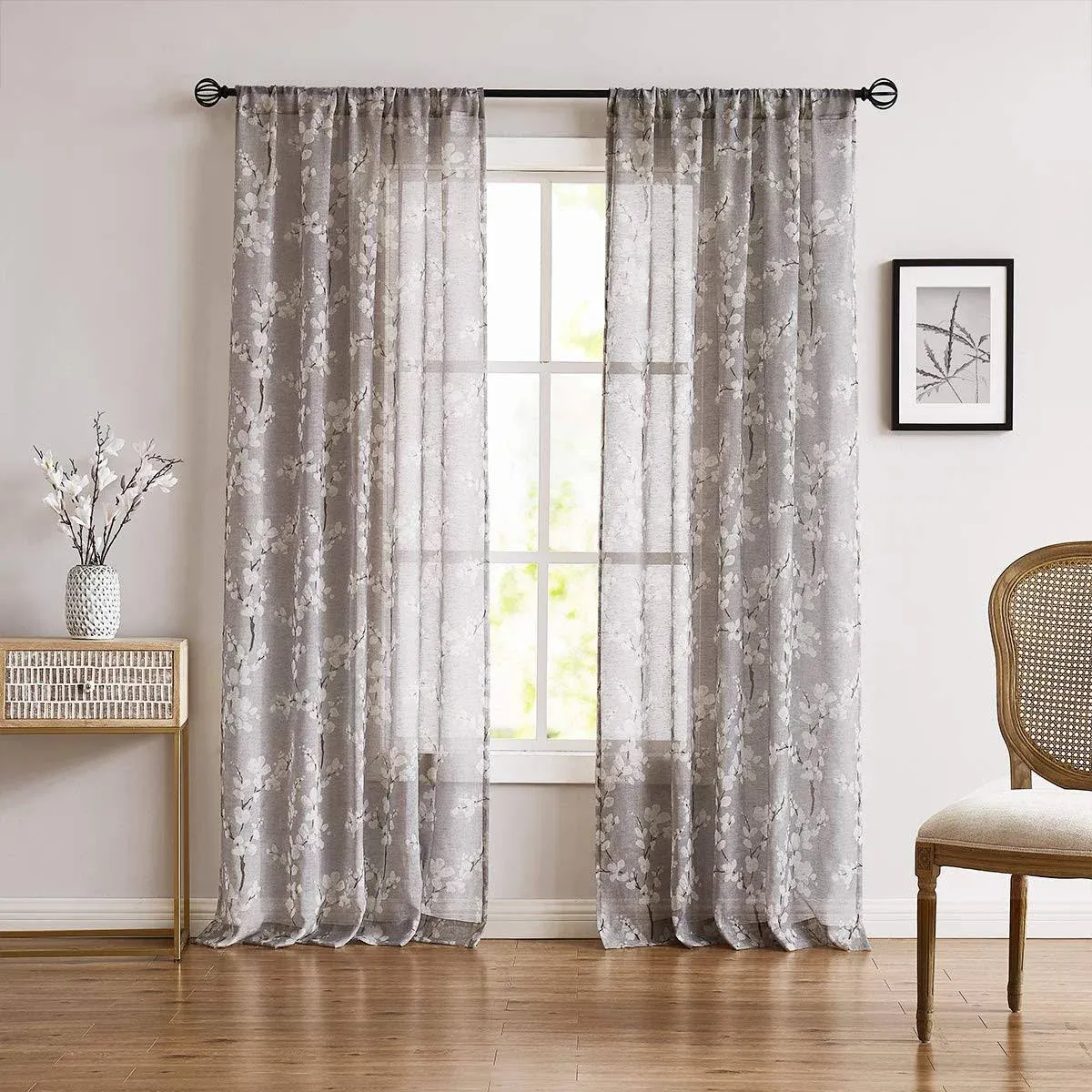 FMFUNCTEX Flax-blend Sheer Curtains for Living-Room White Blossom Print Window Drapes 50"x 63" 2 Panels, Tan, Rod Pocket