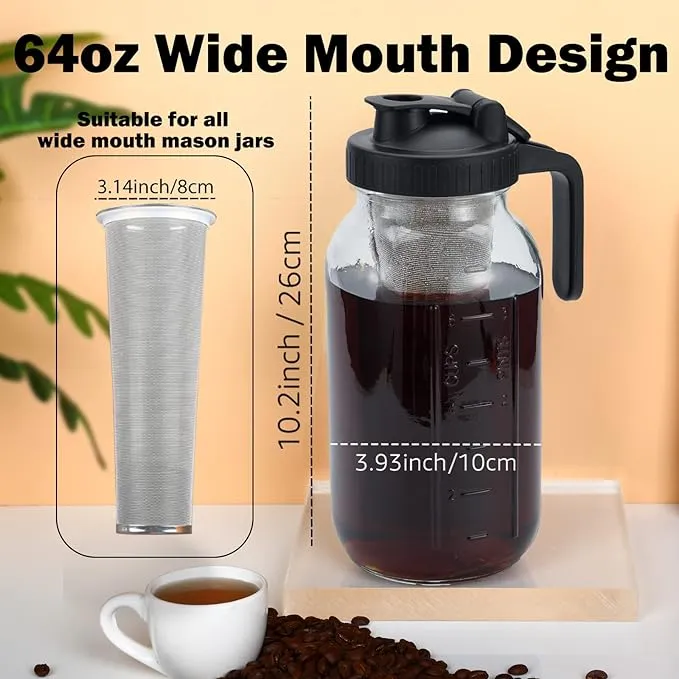 Cold Brew Mason Coffee Maker - 64oz Iced Coffee Pitcher with Stainless Steel Mixing Spoon & Super Dense Filter 3 Steps Finish Cold Brew Coffee, Classic BPA Free Sturdy Mason jar Pitcher Easy to Clean